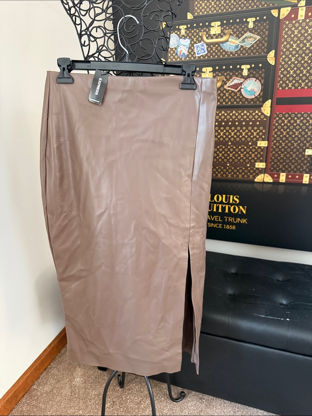 Express Taupe Faux Leather Pencil Skirt with Side Slit